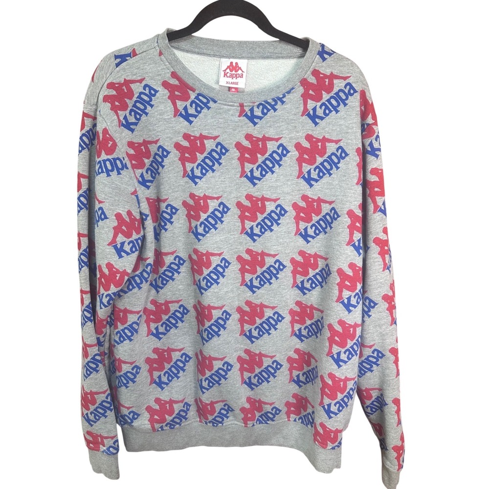 Kappa Mens All Over Logo Print Crewneck Sweatshirt Heather Grey XL 48717 Y2K